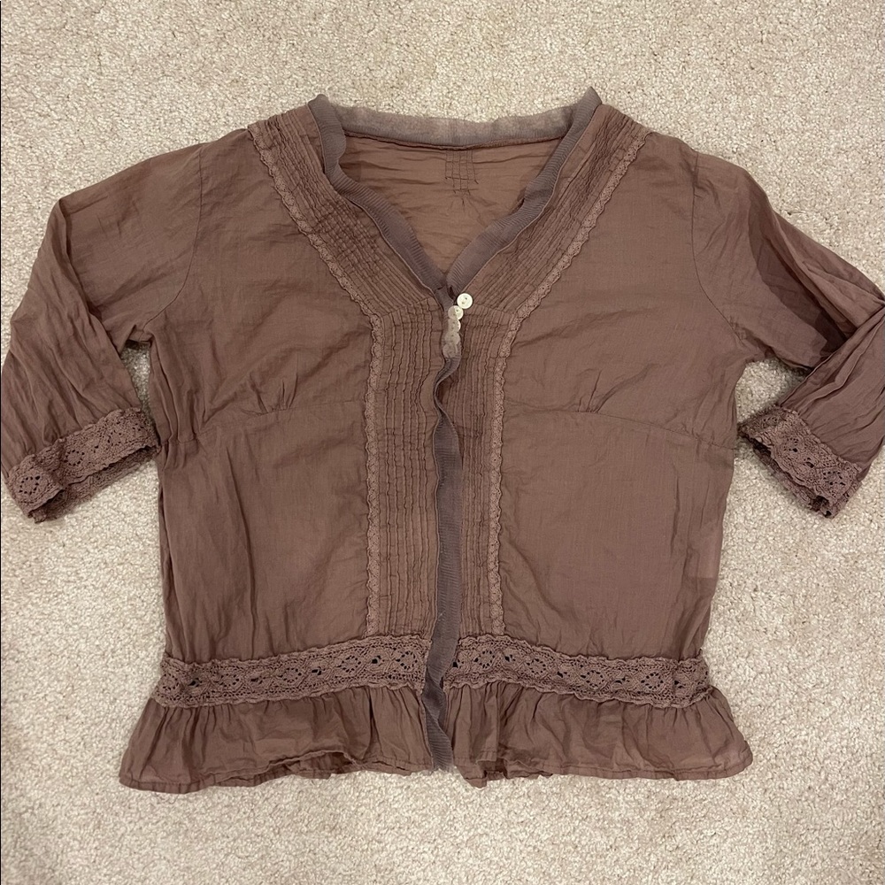 Brown quarter sleeve linen crop top